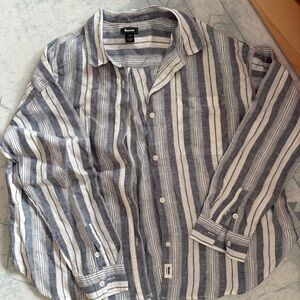 Roots Navy and White Striped Button-Down Linen Shirt